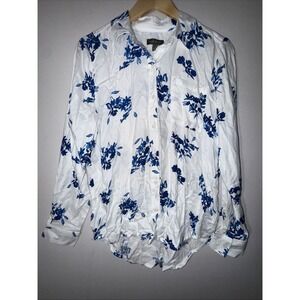 Style&Co Women's Woven Floral Printed Button Down Shirt Collared White Blue Sz S